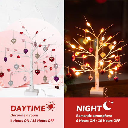 Valentines Day Tree Decorations,2 Pack 24 Inches Lighted Birch Tee with 24 Crystal Heart Shaped 18pcs Heart Ornaments,Valentine's Day Tree for Home,Tabletop,Mantel,Office