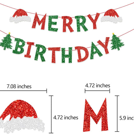 Christmas Decorations Indoor Merry Birthday Party Banners, Glittery Christmas Decor Banner for Party, Red Green Christmas Tree Garland Banner Home Fireplace Decor Xmas Decorations