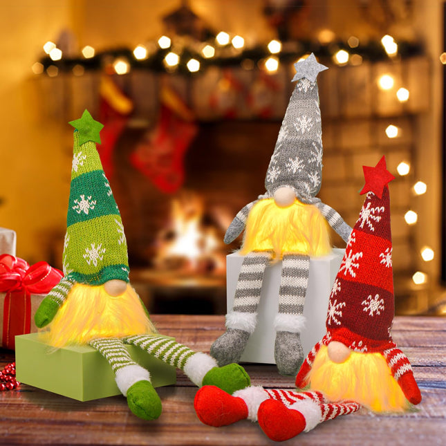 3PCS Christmas Gnomes Plush with Lights, 13 Inch Lighted Christmas Gnomes Decorations, Christmas Gnome Santa, Gnome Plush Doll Ornaments with Legs for Xmas Tree Home Fireplace Table Decorations