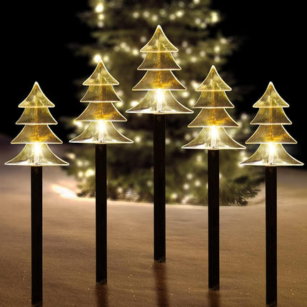 ILLUMI Christmas Solar Pathway Lights, Set of 5 Waterproof Landscape Christmas Lights, Stake Christmas Decorations, LED Lights for Yard Lawn Patio Walkway Decor (5PCS-Warm White-Tree)
