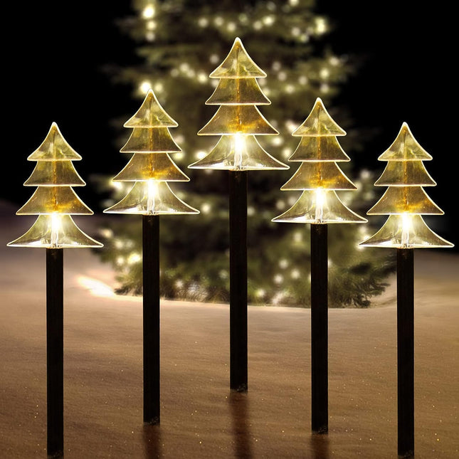 ILLUMI Christmas Solar Pathway Lights, Set of 5 Waterproof Landscape Christmas Lights, Stake Christmas Decorations, LED Lights for Yard Lawn Patio Walkway Decor (5PCS-Warm White-Tree)
