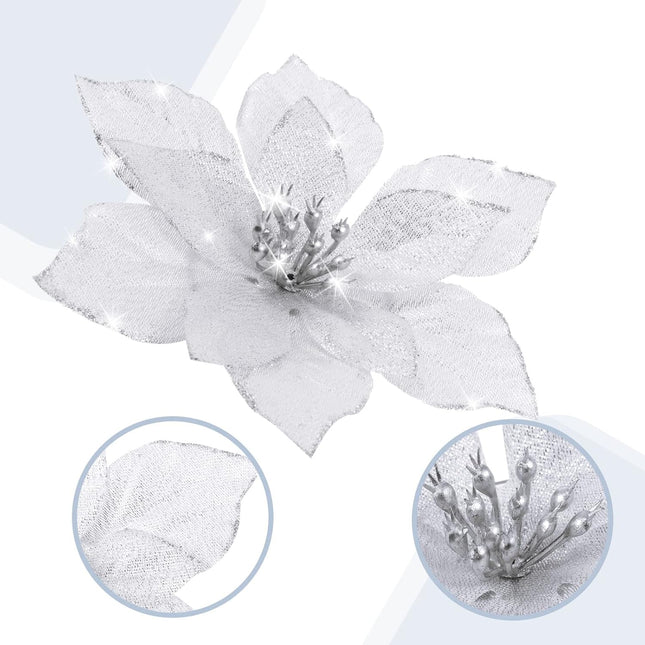 100 Pcs 3 Size Christmas Poinsettia Artificial Flowers Glitter Faux Wedding Flowers Christmas Flower Decoration Ornaments for Christmas Tree Xmas Party DIY Wreath Garland Year Decor(Silver)