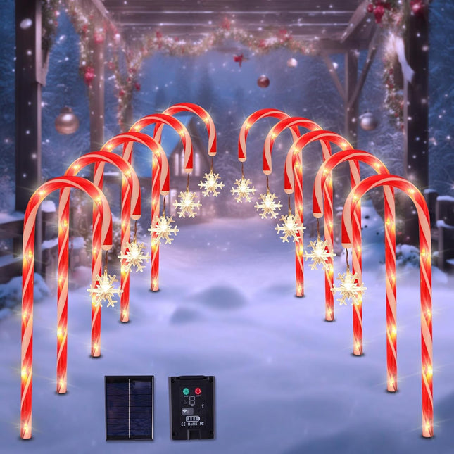 Christmas Candy Cane Lights with Snowflake, Solar Christmas Pathway Lights Outdoor Waterproof Landscape Lights Christmas Decorative Lights for Patio Garden Yard Street Park Christmas Holiday, 10 Pack