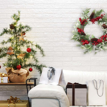 19 inch Artificial Christmas Wreath for Front Door Winter Holiday Wreath with Flocked Lambs Ear, Red Berry Clusters, Pine Needle Branches, Pinecones for Indoor Outdoor Home Wall Window Xmas Decor