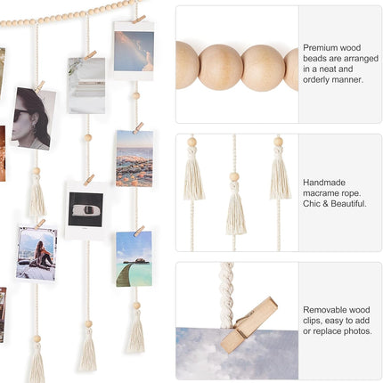 Mkono Macrame Hanging Photo Display Wall Decor with String Lights Boho Room Bedroom Wooden Beads Garland Picture Holder with 30 Clips