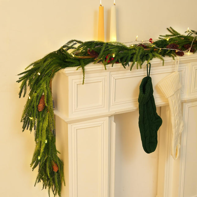 Artificial Norfolk Pine Garland for Christmas Decorations, Realistic Faux Greenery Garlands with Pine Cone for Holiday Mantle Stair Indoor Outdoor Decor