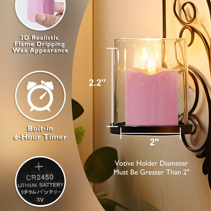 Homemory 2" x 2" Pink Timer Flickering Flameless Candles, 400+ Hour Battery Operated Votive Candles, 6Pack 3D Wick Electric Fake Candles for Wedding, Party, Christmas and Festival Celebration
