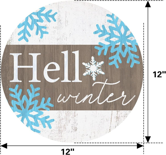 Deroro Hello Winter Sign for Front Door Decor, Winter Welcome Farmhouse Wood Door Hanger for Outdoor Outside Porch, Rustic Snowflakes Wooden Wreath Wall Hanging Decoration