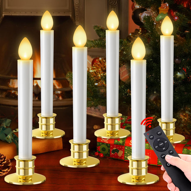 Christmas Window Candles Lights 6 Pack Battery Operated Candles with Remote Control Timer Gold Holders Flameless Candles LED Candles Christmas Decorations for Window Lights Decor Party Xmas Table Top