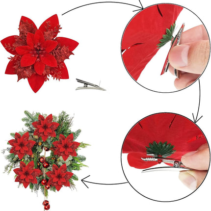 15 PCS Poinsettia Flowers Artificial Poinsettia,Christmas Decorations Poinsettias Artificial Christmas Flowers,Christmas Tree Flower Decorations with Stems DIY Xmas Wreath Year Party Ornament