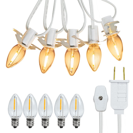 5 Base C7 String Bulbs Christmas Village Light Accessory Cord with 5 LED Light Bulb Universal Clip White Cord with On/Off Spare Fuse Switch Plugs for Decorations Christmas Village House