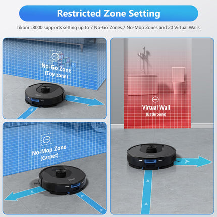 Tikom Robot Vacuum And Mop, L8000 Laser Lidar Navigation Robotic Vacuum, 3000Pa Suction, 150Mins Max, 45Db, 14 Nogo Zones, 20 Virtual Walls, Selfcharging, Good For Pet Hair, Carpet, Hard Floor