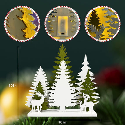Wooden Christmas Tree Tabletop Decorations, LED Light up Wooden Christmas Ornaments 10inch 2AA Battery Powered for Xmas Home Holiday Party Décor