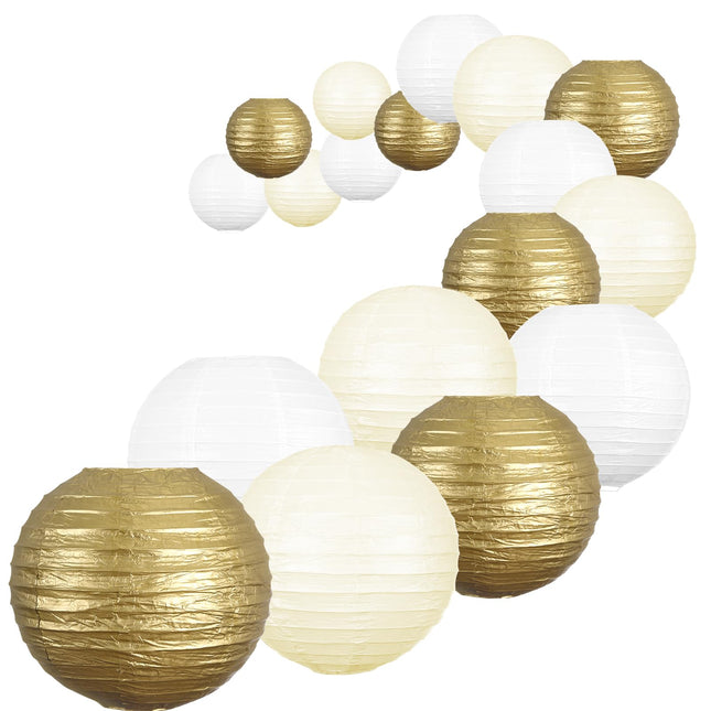 UNIQOOO 18PCS Metallic Gold Paper Lantern Wedding Decoration Set, Assorted Hanging Gold Japanese Paper Lantern, Reusable Easy Assemble, For Year Christmas Birthday Baby Shower Party Favor Supplies