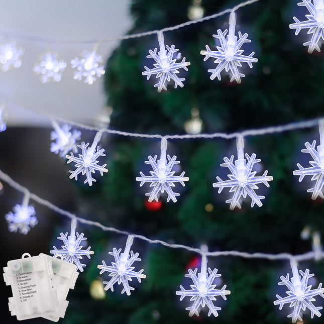 WATERGLIDE 2 Pack Christmas Snowflakes Lights, 50LED 24FT Outdoor Xmas Decorative String Lights, 8 Lighting Modes & Timer, Battery Operated Waterproof for Bedroom Party Garden Home Decor, Cool White