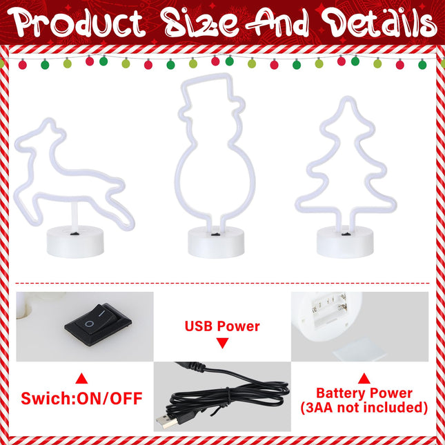VIHOSE 3 Pcs Christmas Neon Sign LED Night Lights Lamp with Holder Base Snowman Reindeer Christmas Tree Shaped Lights Battery/USB Powered Christmas Neon Lights for Christmas Room Decor