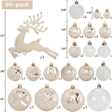 Christmas Tree Ornaments Set, 50 ct Champagne and White Christmas Ornaments Balls for Christmas Tree Decorations Shatterproof Christmas Hanging Ball for Halloween Party Home Decor (Hooks Included)