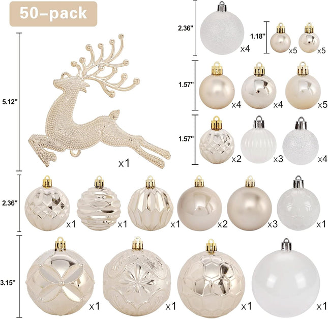Christmas Tree Ornaments Set, 50 ct Champagne and White Christmas Ornaments Balls for Christmas Tree Decorations Shatterproof Christmas Hanging Ball for Halloween Party Home Decor (Hooks Included)