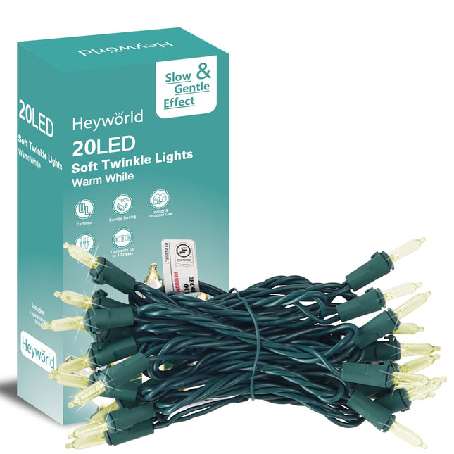 Slow Twinkle Lights, 20 Led Soft Twinkling Mini Christmas String Lights on Green Wire Cord, UL Approved 7 Ft, Connect Up to 100 Sets, Indoor Outdoor Use, Warm White (1, 20LED)
