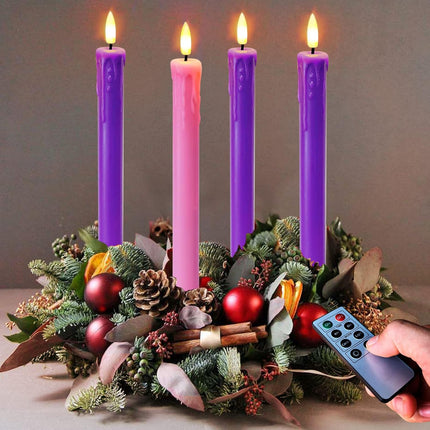 Set of 4 LED Christmas Advent Candle Lights, Battery Operated Taper Candles for Advent Wreath, 3 Purple 1 Rose Flickering Wax Flameless Candles for Holiday School Church Advent Celebration