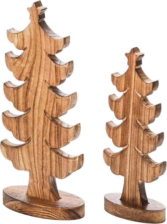 yarlung Set of 2 Wooden Christmas Trees, Standing Tabletop Christmas Decoration with Oval Base Rustic Wood Trees for Hanging Christmas Ornament, Farmhouse Decor, Home, Office, 2 Sizes