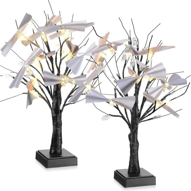 2 Pcs Money Tree Holder 17" 1.5 ft Lighted Tabletop Birch Tree with LED Lights with 24 Clips Card Tree USB Powered Timer Display for Photo Wedding Birthday Christmas(Black, Cool Style)