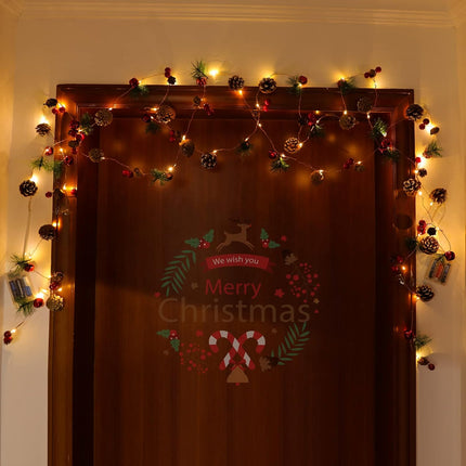 Christmas Garland with String Lights 10 Ft 30 LED Pine Cone Red Berry Bells Garland Lights, Indoor Christmas Decorations for Home and Fireplace Mantel Decor,Christmas Tree Decor (Warm White)