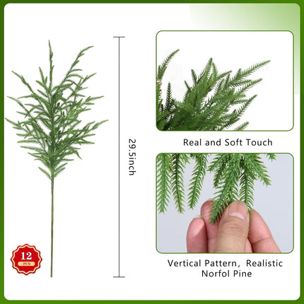 12 Pcs Artificial Norfolk Pine Branches - 30 Inch Faux Christmas Greenery Stems Fake Cedar Pine Picks for Vase DIY Crafts Garland Wreath Accessories Xmas Indoor Outdoor Home Decorations