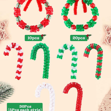 Lanstics 60 Sets Christmas Craft for Kids Beaded Ornament Kit Including 30 Sets Wreath, 30 Sets Candy Cane for Xmas Craft Tree Decorations Adults Kids Holiday Party (Assembly Needed)