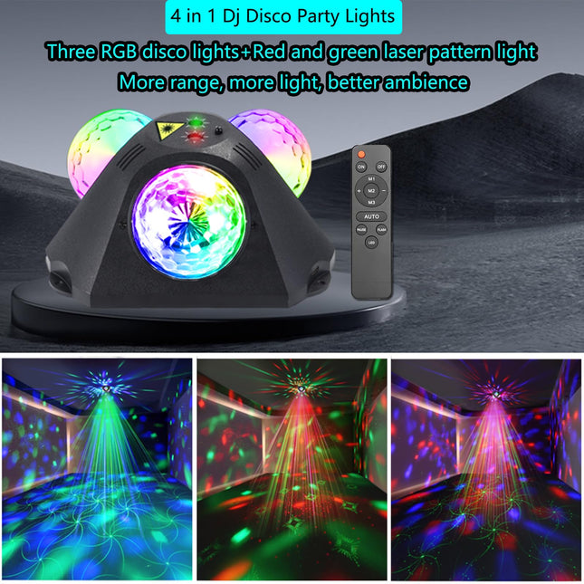 4 in 1 Disco Party Lights, 3 RGB Disco Lights+Red and Green Pattern Lamp Strobe Lights for Home Room Dance Parties Birthday Karaoke Halloween Christmas Wedding Show Club Decorations