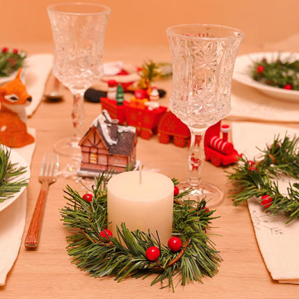 Dolicer 12 PCS Christmas Candle Rings Wreath, 3 Inch Mini Christmas Wreath with Red Berry Pillar Candle Holder Rings Wreaths Pine Needles Candle Rings for Rustic Wedding Festival Table Decoration