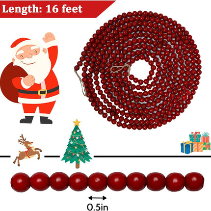 Christmas Wooden Bead Garland 16 Feet, Red Christmas Wood Bead Garland, Red Bead Garland for Christmas Tree Decorations, Christmas Xmas Holiday Favors