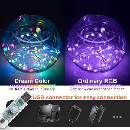 BTF-LIGHTING RGB IC WS2812B USB Twinkle Smart Fairy Light String 32.8FT 100pixel Transparent Wire Music Bluetooth Mesh APP IR Remote DIY Control Sync Color Chasing IP65 For Christmas Tree Bedroom DC5V