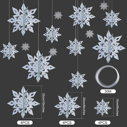 MIAHART Christmas Hanging Snowflake Decorations 12 pack 3D Silver Snowflake Hanging Garland Large Silver Snowflakes for Christmas Winter Holiday Year Birthday Party Home Decor