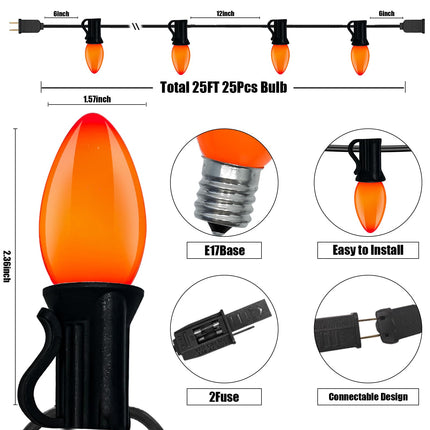 25ft Outdoor Halloween Lights, C9 Orange Halloween Light String with 26 Orange Bulbs (1 Spare), E17 Base, Black Wire for Outdoor Party Tree Fall Lights Garden Halloween Decorations