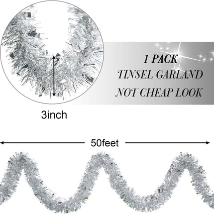 WILLBOND 50 Feet Christmas Silver Tinsel Garland Metallic Tinsel Twist Garland Christmas Tree Decorations Birthday Wedding Year Hanging Decorations Party Supplies, 3 Inch