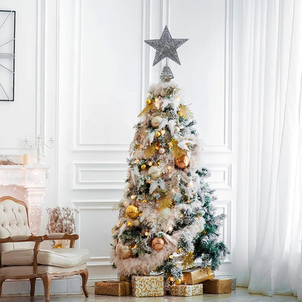 Silver Metal Christmas Tree Topper Glittered Xmas Treetop Hollow Star Topper for Christmas Party Home Decoration