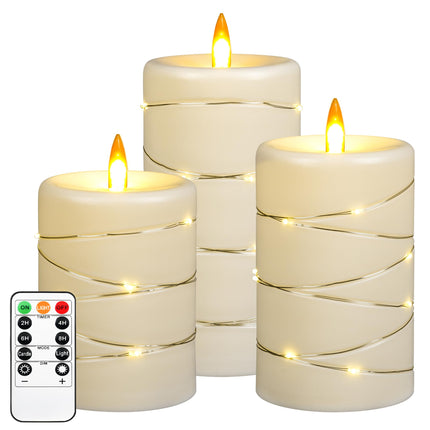 Upinmz Flickering Flameless Candles with String Lights, Battery Operated Candles, LED Candles Unbreakable Acrylic Candles with with Remote Control and Timer -3 Pack Ivory White