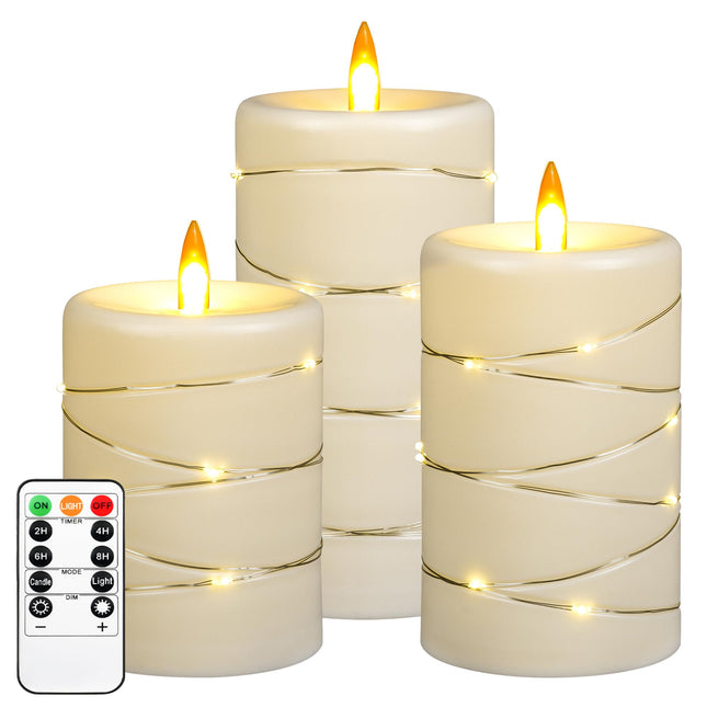 Upinmz Flickering Flameless Candles with String Lights, Battery Operated Candles, LED Candles Unbreakable Acrylic Candles with with Remote Control and Timer -3 Pack Ivory White