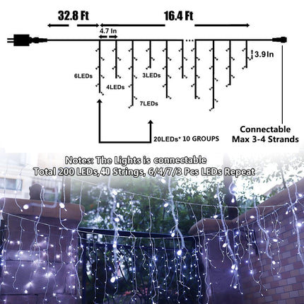 gresonic Icicle String Lights 200 LEDs,16.4ft with 40 Drops Waterproof Indoor Outdoor Connectable Lights Plug in for Christmas Birthday Party Backdrops Gazebo Decorations(Cool White)