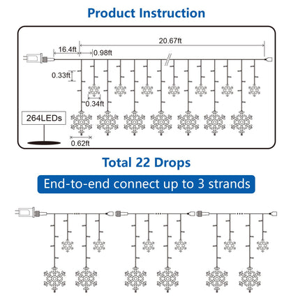 PEMOTech Christmas Snowflake Lights Ourdoor with【Remote】, 20.67ft 264LED Connectable Icicle Light for Outside with【Memory Funtion】,22 Drops,8 Modes,IP65 Waterproof for Garden,Eaves Window,Xmas Decor