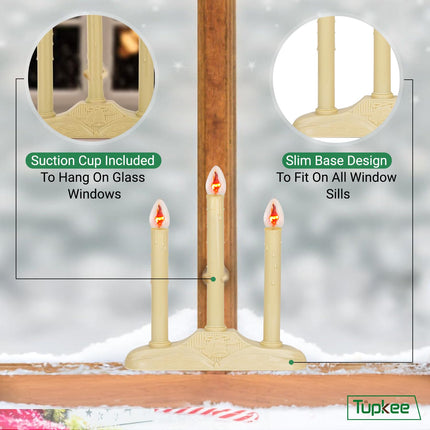 Tupkee Christmas Candolier Window Candles – with Flickering Bulbs – 3-Lights Indoor - Flameless Electric Window Candles Candelabra