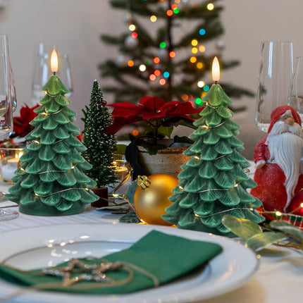 DRomance Christmas Tree Flameless Candles String Lights with 11-Key Remote and Timer, 2 Pack Green Real Wax Battery Operated 3D Wick LED Flickering Candles Dinner Holiday Indoor Decor(3" x 7.1")