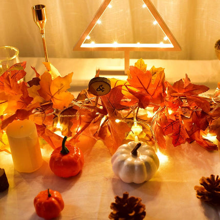 Artiflr 2 Pack Fall Garland Maple Leaf with 16.4Ft 40 LED String Light, 5.9Ft/Piece Hanging Vine Garland Artificial Autumn Foliage Garland Thanksgiving Decor for Home Wedding Fireplace Party Christmas