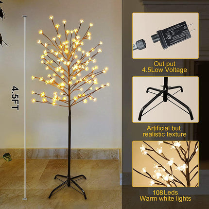 4.5FT Cherry Blossom Tree, 104 LED Warm White Lighted Artificial Tree for Decoration Inside and Outside, Home, Garden, Wedding, Birthday, Christmas Holiday, Party