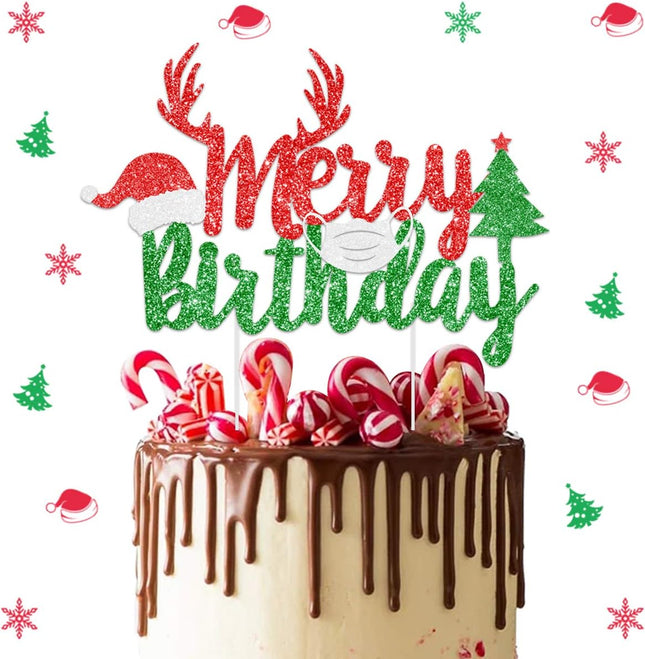 Christmas Cake Topper Christmas Birthday Decorations Merry Birthday Cake Decoration for Xmas Themed Birthday Party Supplies