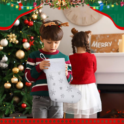 6 Pcs Christmas Stockings with 6 Pcs Stocking Holders Set 20 Inch White Faux Fur Xmas Stockings Embroidered Snowflake Xmas Stocking Large Family Holiday Fireplace Hanging Decor(Silver,Cute)