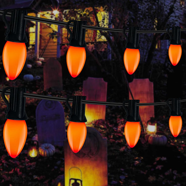 25ft Outdoor Halloween Lights, C9 Orange Halloween Light String with 26 Orange Bulbs (1 Spare), E17 Base, Black Wire for Outdoor Party Tree Fall Lights Garden Halloween Decorations