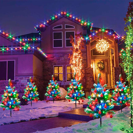 Homeleo d 4 Packs Solar White Christmas Tree Outdoor, Waterproof 80 LED Xmas Pathway Lights, Small Prelit Snowflake Christmas Tree with Red Ball Ornaments for Christmas Decorations Outdoor Yard
