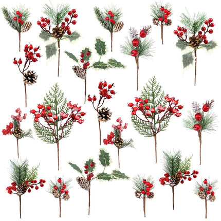 20 Pack Artificial Christmas Tree Picks Assorted Christmas Sprigs Snowy Red Berry Pine Picks Spray with Pinecones Apples Holly Berries Leaves for Toppers Wreath Garland Winter Holiday Déco